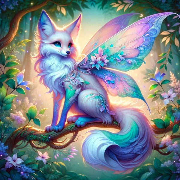 Magical forest fox with colorful wings perched on tree branch, surrounded by glowing flowers and lush greenery in enchanted forest