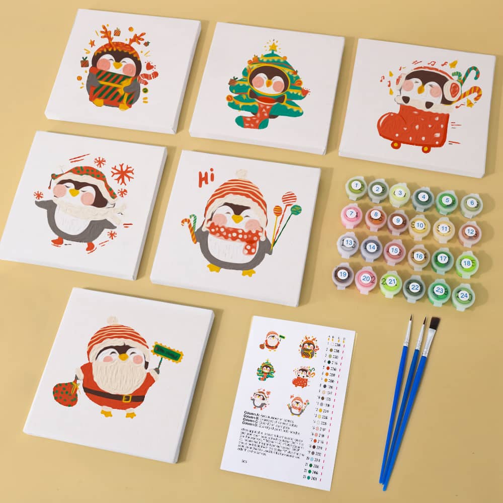 Winterliche Pinguinparade 6er SET - Mini Malen nach Zahlen