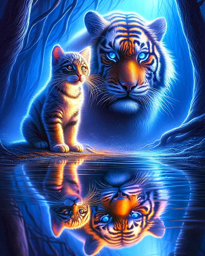 Malen nach Zahlen - Kleine Katze Großer Tiger Spiegelbild