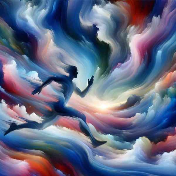 Man running through colorful swirling clouds in dreamlike painting.