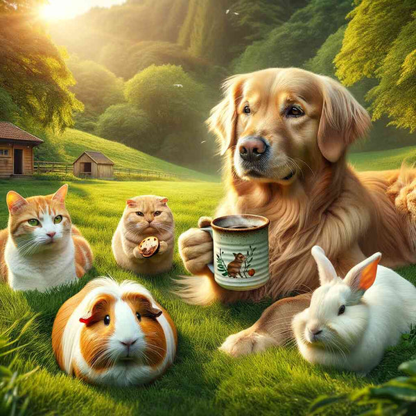 Golden retriever enjoying a coffee break with cats, a guinea pig, and a rabbit in a scenic green field. Malen nach Zahlen - Tierische Kaffeepause im Grünen.