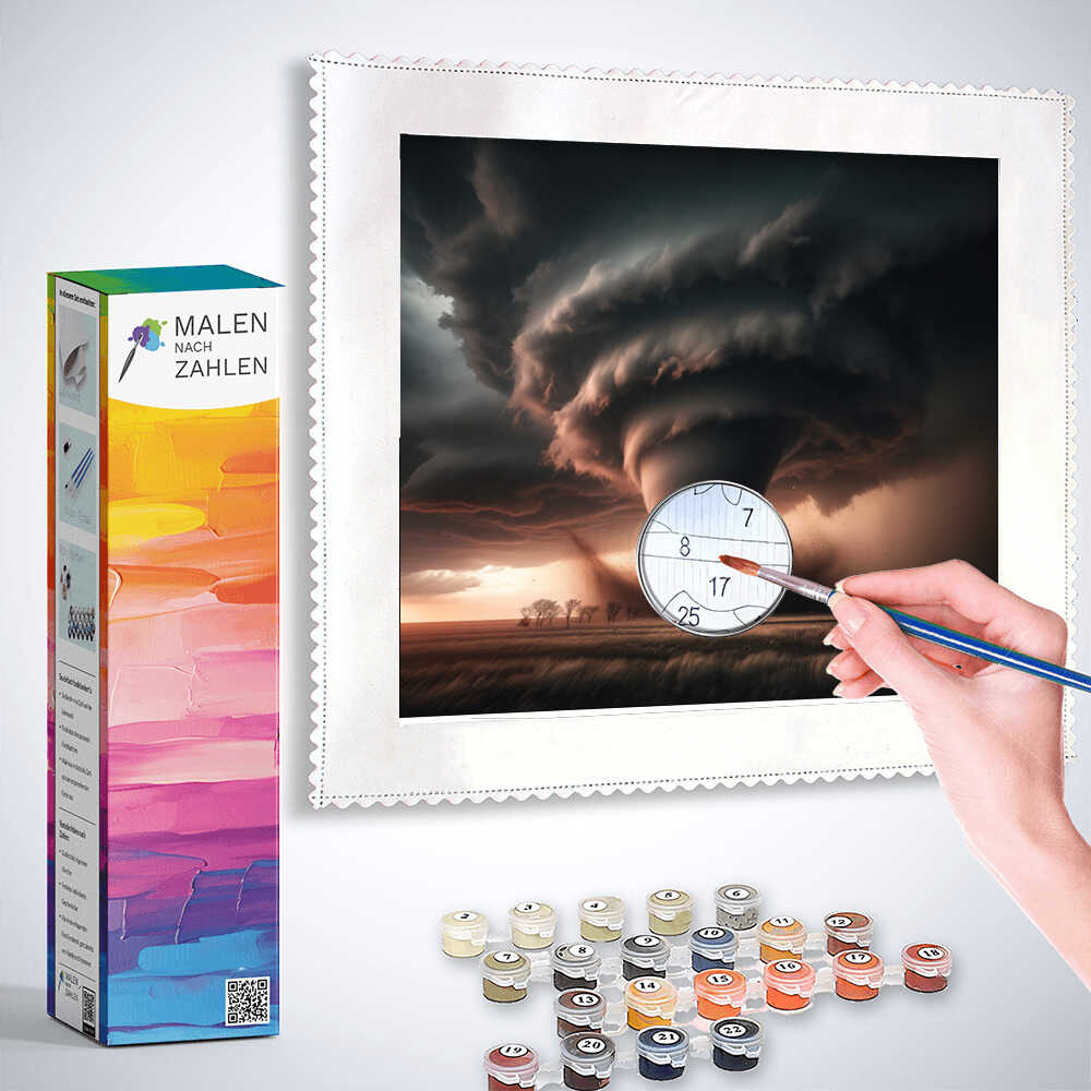 Painting by numbers kit featuring a stormy scene titled "Gewaltiger Wirbel des Schicksals" with paint set and brush.