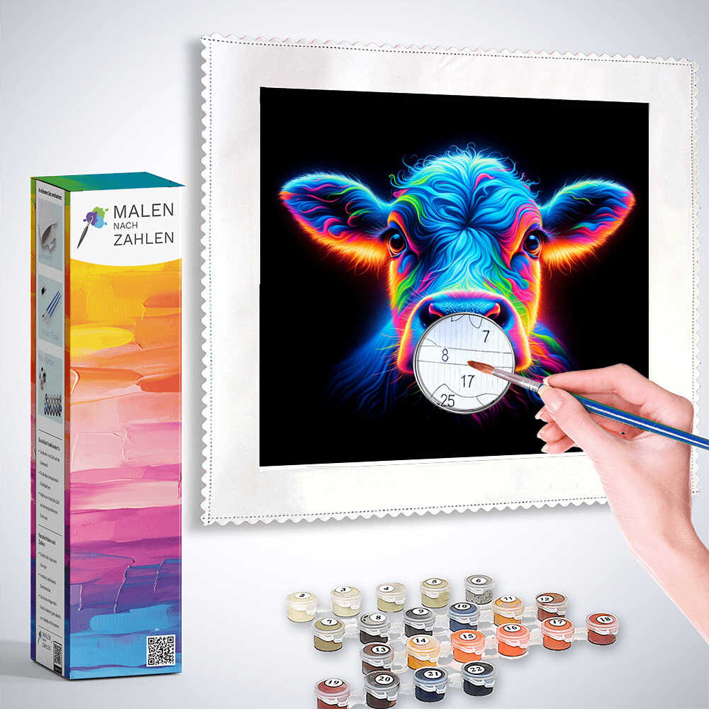 Paint by Numbers kit "Neon-Blick" featuring a colorful neon cow, paintbrush in hand, included paints, and boxed set.