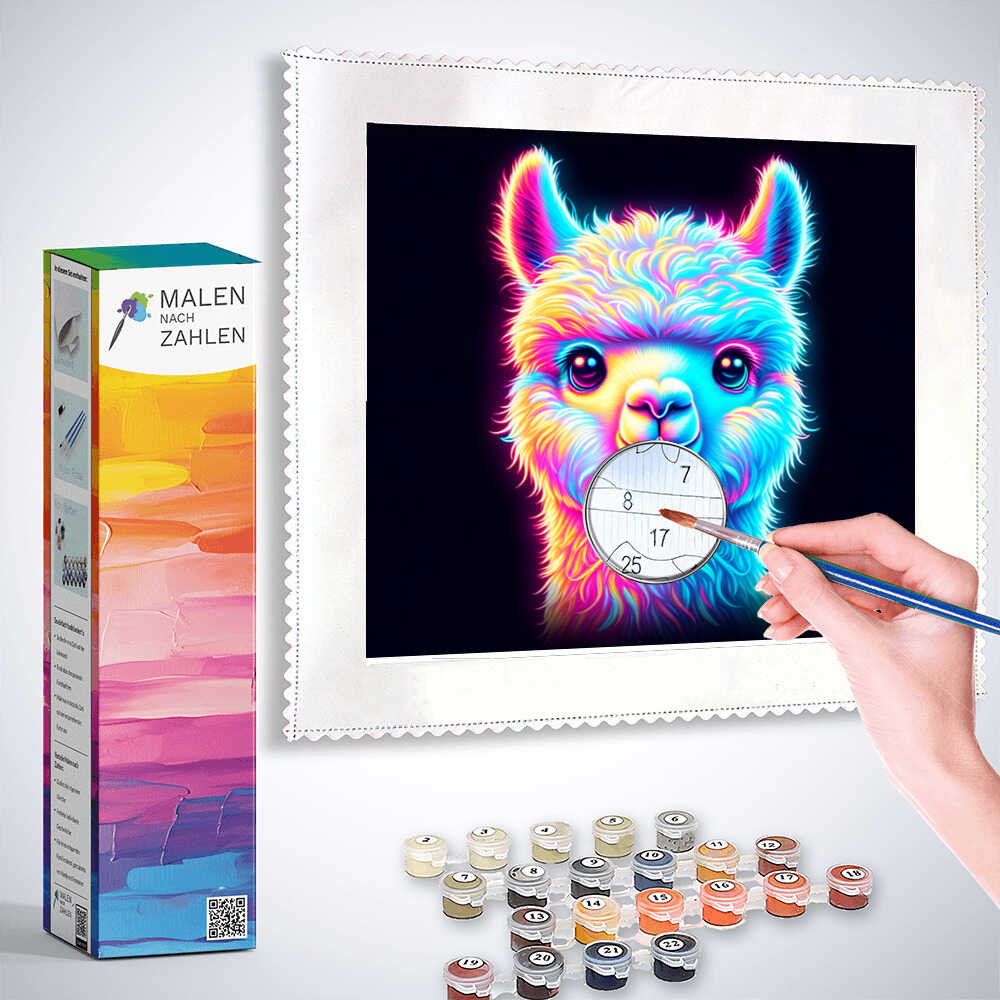 Painting by numbers kit with glowing alpaca artwork and painting accessories