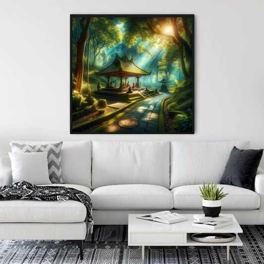 Malen nach Zahlen - Geheimnisvolles Waldsanctum Wandkunst über einem modernen weißen Sofa im Wohnzimmer