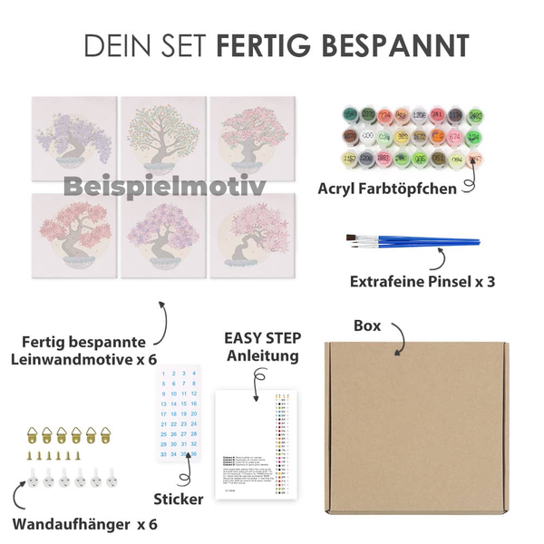 Hunde Edition Zwei 6er SET - Malen nach Zahlen Inhalt: bespannte Leinwandmotive, Acryl Farbtöpfchen, Pinsel, Wandaufhänger, Sticker, Anleitung, Box