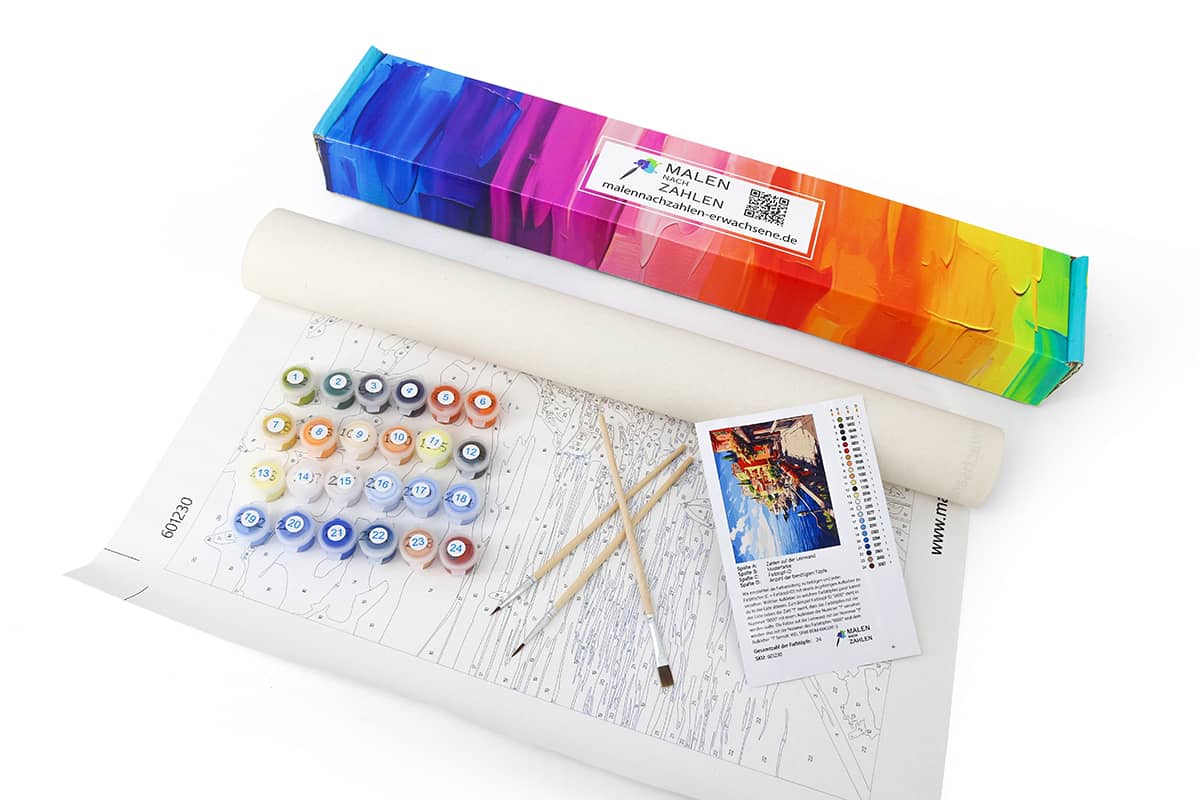 Malen nach Zahlen Starter Set XXL (25 Teilig) inklusive Farben, Pinsel und Leinwand. Perfekt für Kunstbegeisterte.
