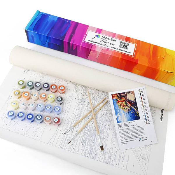 Malen nach Zahlen Starter Set XXL (25 Teilig) inklusive Farben, Pinsel und Leinwand. Perfekt für Kunstbegeisterte.