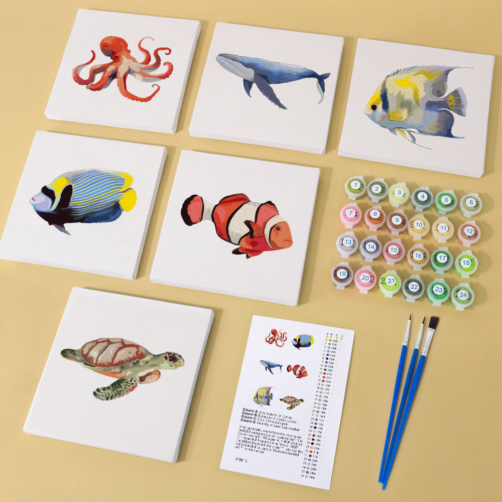 Meerestiere 6er SET - Mini Malen nach Zahlen