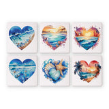 Herz Edition 6er SET - Malen nach Zahlen Mini Kunst. Six heart-shaped artworks featuring various ocean and beach scenes.