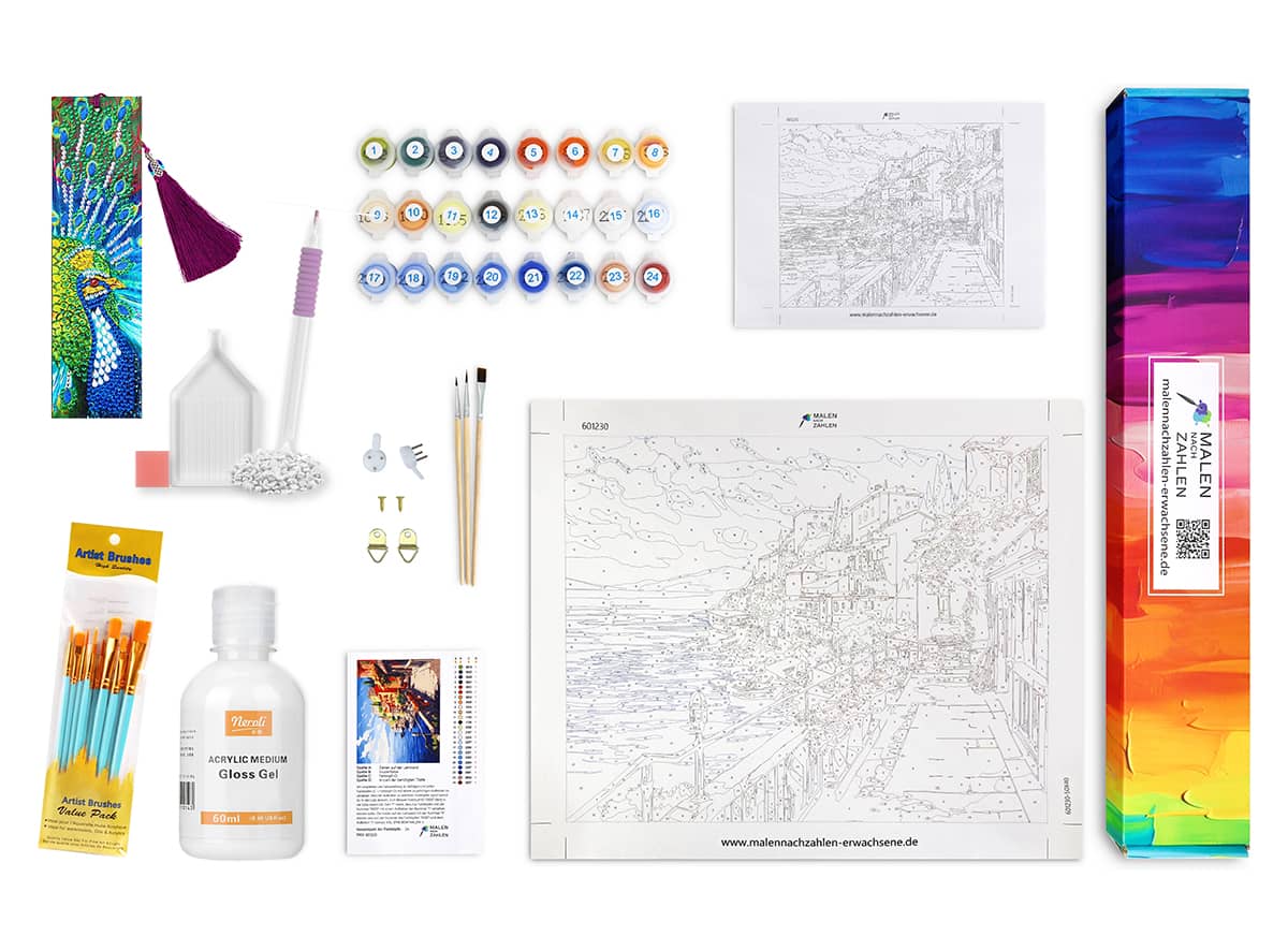 Malen nach Zahlen - Starter Set XXL (25 Teilig) inklusiv Pinsel, Farben, Leinwand und Zubehör für Kunstbegeisterte.