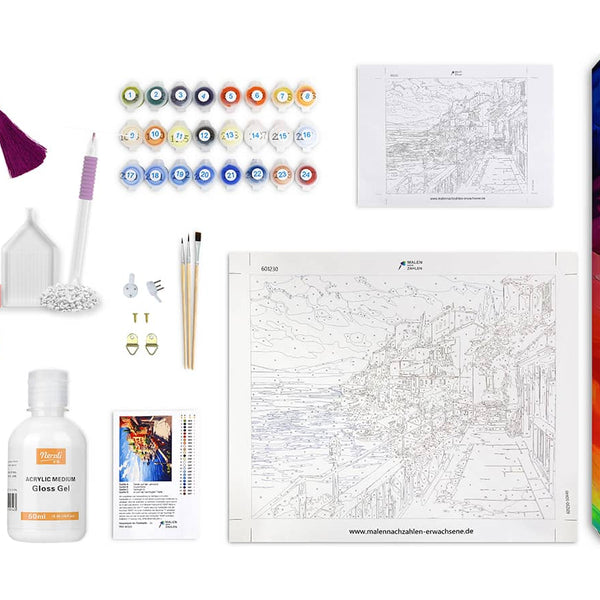 Malen nach Zahlen - Starter Set XXL (25 Teilig) inklusiv Pinsel, Farben, Leinwand und Zubehör für Kunstbegeisterte.
