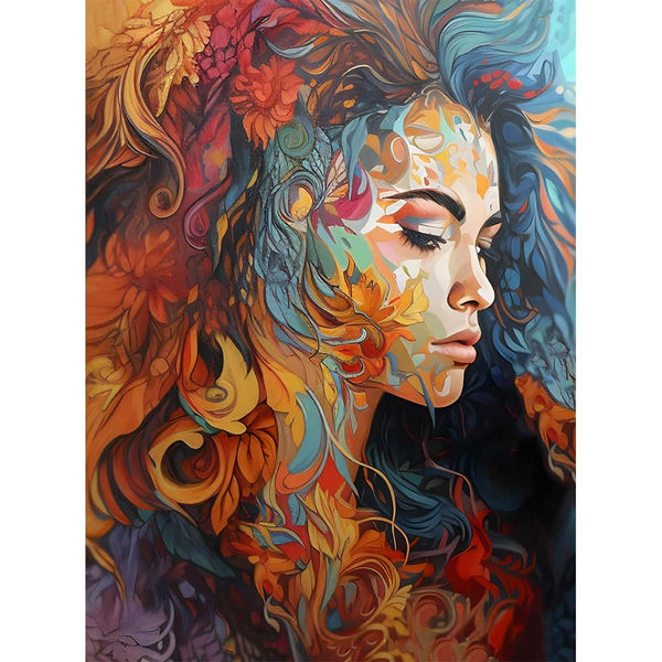 Malen nach Zahlen - Junge Frau mit Blumenhaar, bunte abstrakte Kunst, entspannende Wirkung, kreatives DIY-Malset