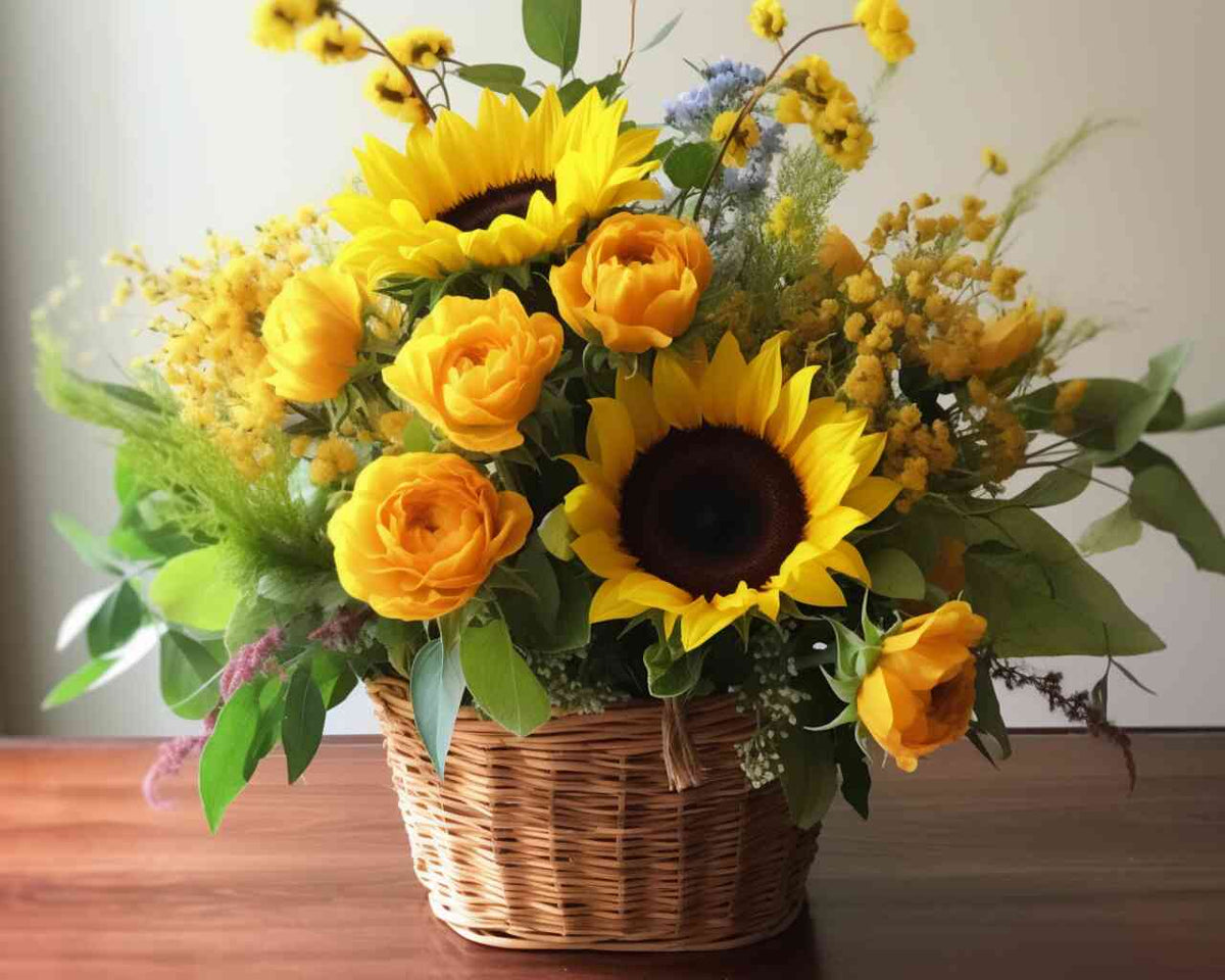 Leuchtender Blumenstrauß mit Sonnenblumen und gelben Rosen in rustikalem Weidenkorb auf Holzoberfläche