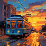 Straßenbahnzug bei Sonnenuntergang in der Stadt, modernes-impressionistisches Kunstwerk mit leuchtenden Orange- und Rottönen am Himmel.