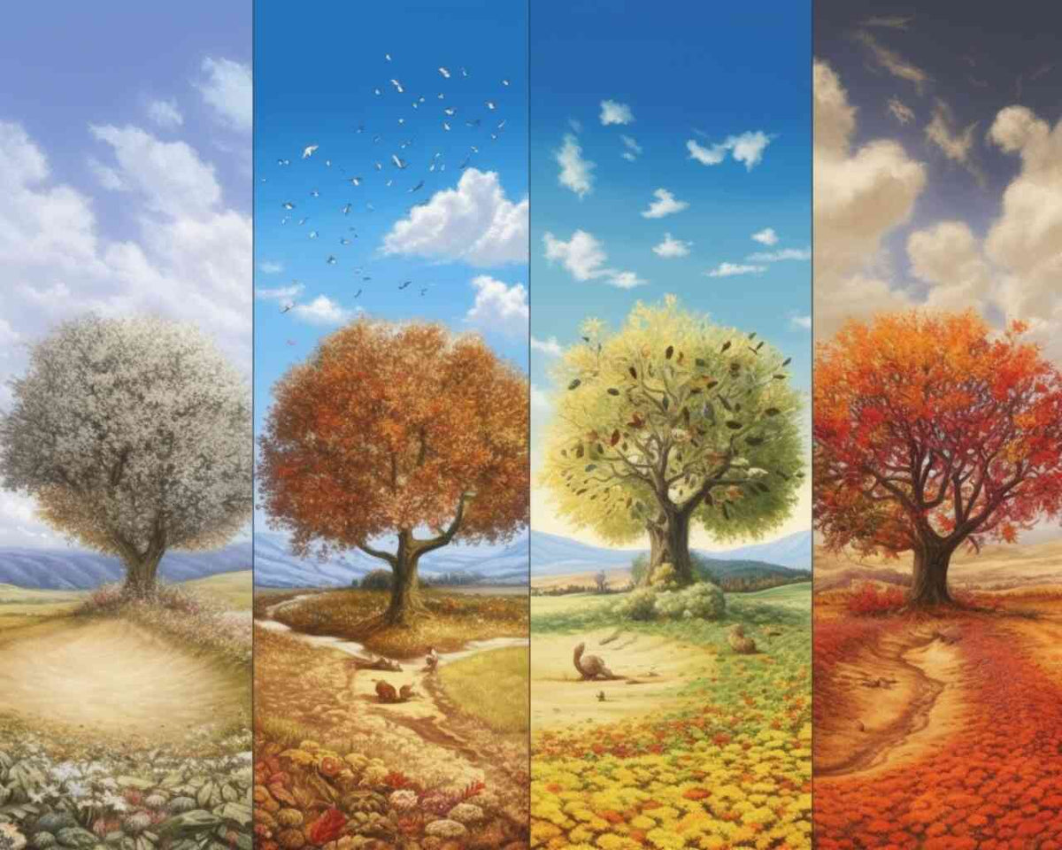 Malen nach Zahlen - Panorama der vier Jahreszeiten, das Bäume und Landschaften in Weiß, Orange, Grün und Rot farbenprächtig darstellt