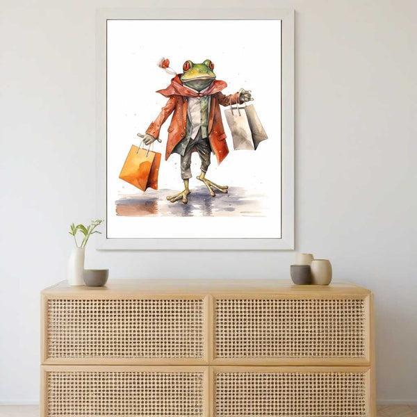 Humorvolle Malen nach Zahlen Darstellung eines eleganten Frosches mit Einkaufstüten im stilvollen Mantel, Wanddeko über Kommode.