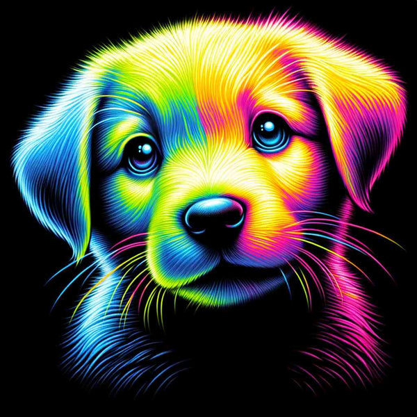 Brightly colored digital artwork of a puppy with vibrant neon rainbow fur on a black background.