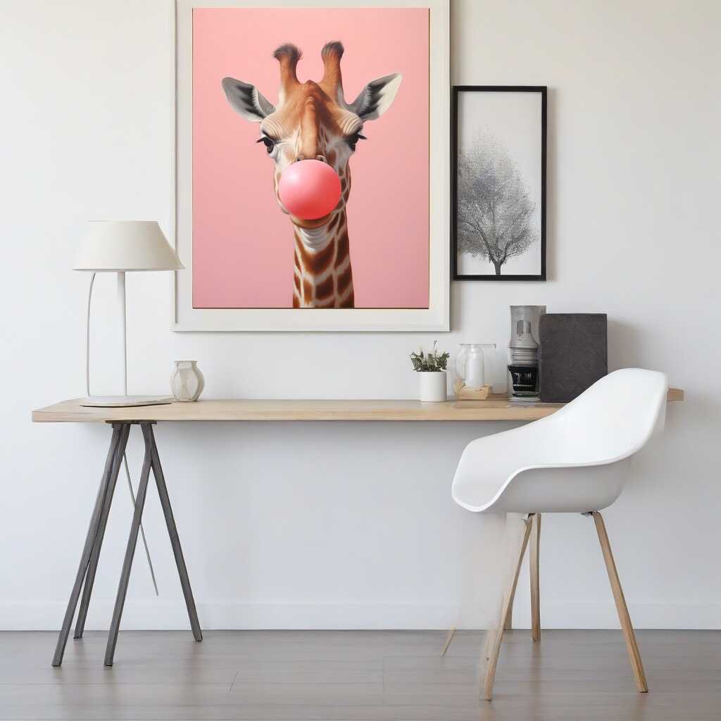 Giraffe blowing pink bubble gum painting, "Kaugummikuss", in a modern minimalist room with white desk and chair.