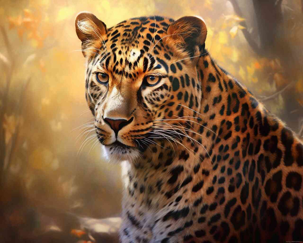 Malen nach Zahlen Herbstmajestät Kunstwerk mit Leoparden im goldenen Herbstwald, Ausdruckskraft und Eleganz, bernsteinfarbene Augen.