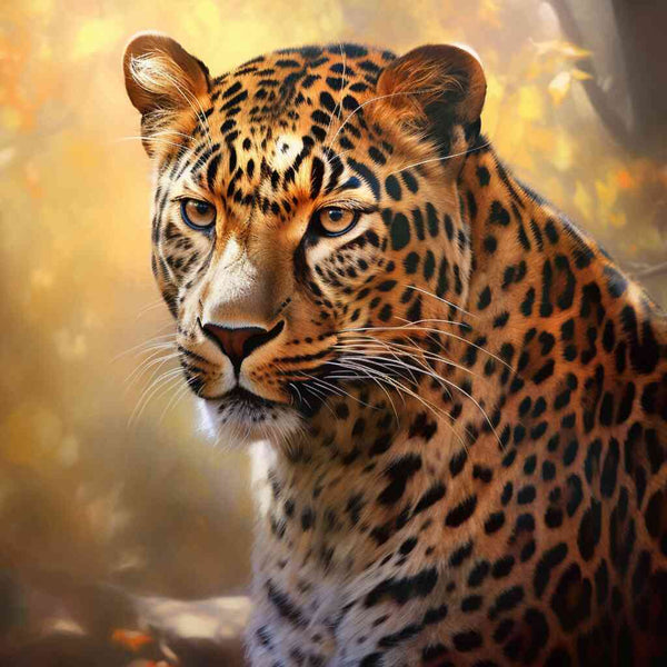 Malen nach Zahlen Herbstmajestät Kunstwerk mit Leoparden im goldenen Herbstwald, Ausdruckskraft und Eleganz, bernsteinfarbene Augen.