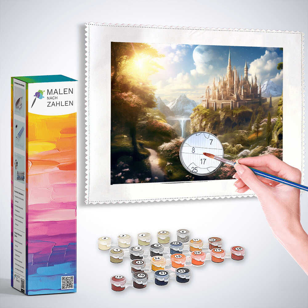 Malen nach Zahlen Set mit einem "Verzauberten Königreich" Motiv, zeigt ein Schloss auf einer Klippe, umgeben von magischem Landschaftsbild.