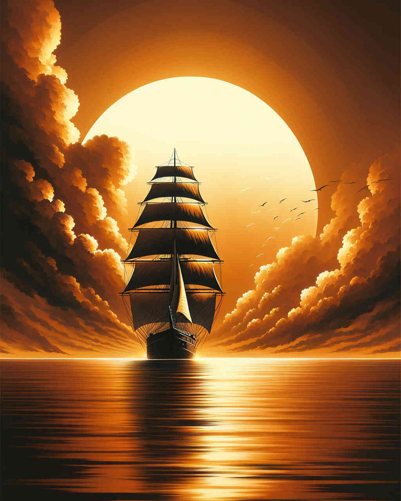 Segelschiff vor der Sonne – Malen nach Zahlen