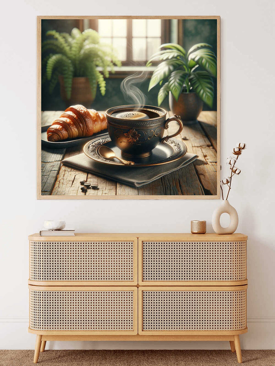 Wall art of steaming coffee cup and croissant on rustic table with greenery, displayed above wicker sideboard in modern room