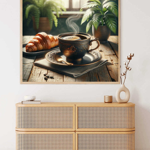 Wall art of steaming coffee cup and croissant on rustic table with greenery, displayed above wicker sideboard in modern room