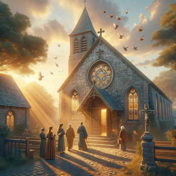 Sunrise illuminating a quaint stone church as people gather, birds flying above, showcasing the peaceful scene of 