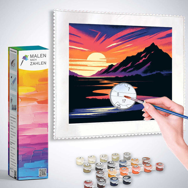 Malen nach Zahlen - Erwachen der Wildnis painting kit with numbered sections, paintbrush, and paints for a relaxing painting experience.