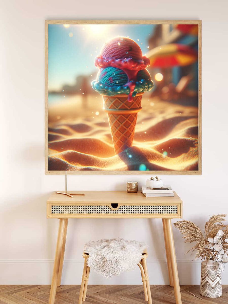 Malen nach Zahlen - Sommerschmelz Leinwand zeigt ein farbenfrohes Eis auf Sand, perfekt für entspannende Malmomente.