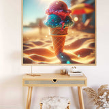 Malen nach Zahlen - Sommerschmelz Leinwand zeigt ein farbenfrohes Eis auf Sand, perfekt für entspannende Malmomente.