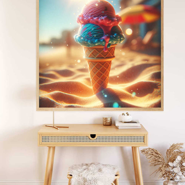 Malen nach Zahlen - Sommerschmelz Leinwand zeigt ein farbenfrohes Eis auf Sand, perfekt für entspannende Malmomente.