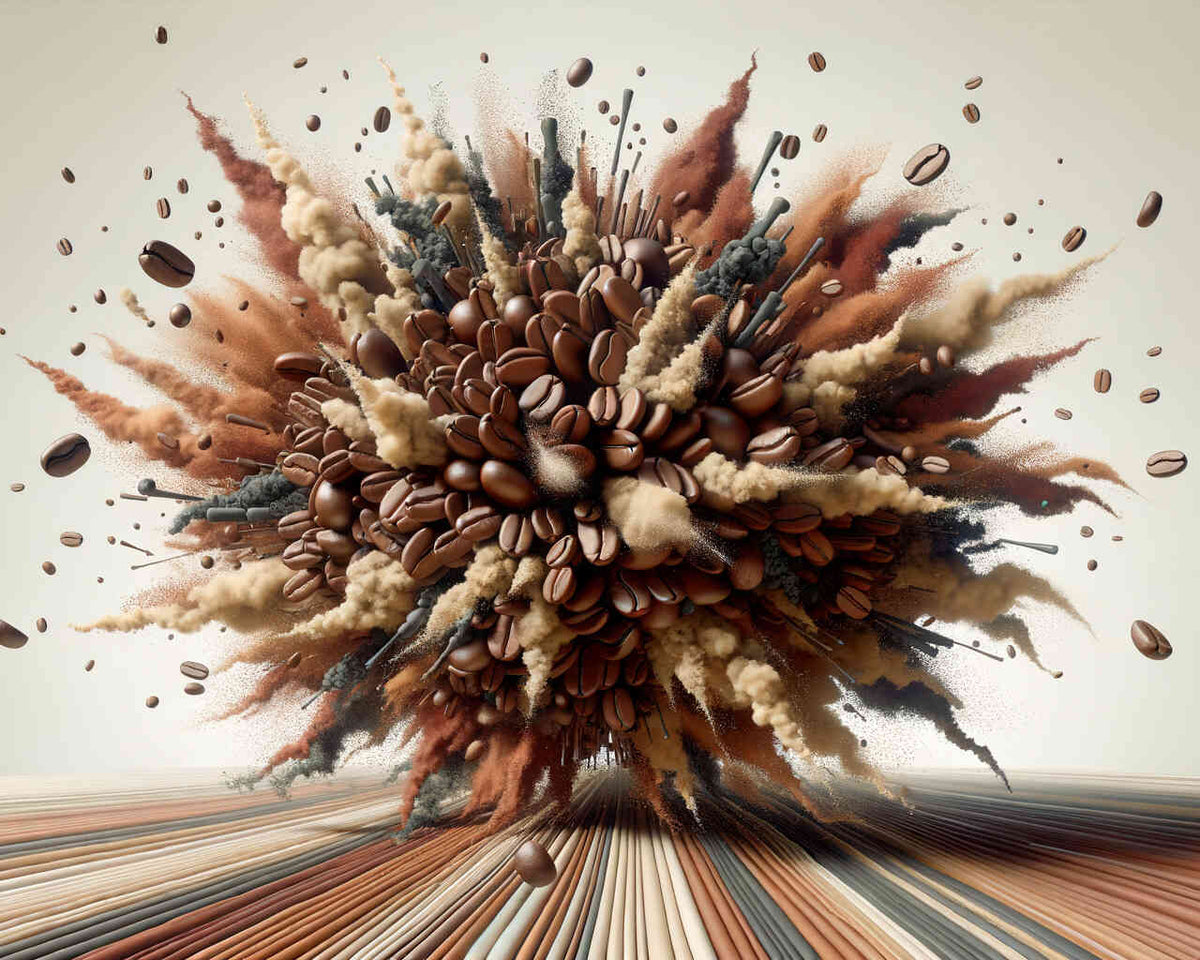 Hyperrealistic artwork "Kaffeekosmos – Erwachen der Sinne" showcasing an explosion of coffee beans and vibrant brown tones.