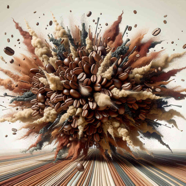 Hyperrealistic artwork "Kaffeekosmos – Erwachen der Sinne" showcasing an explosion of coffee beans and vibrant brown tones.