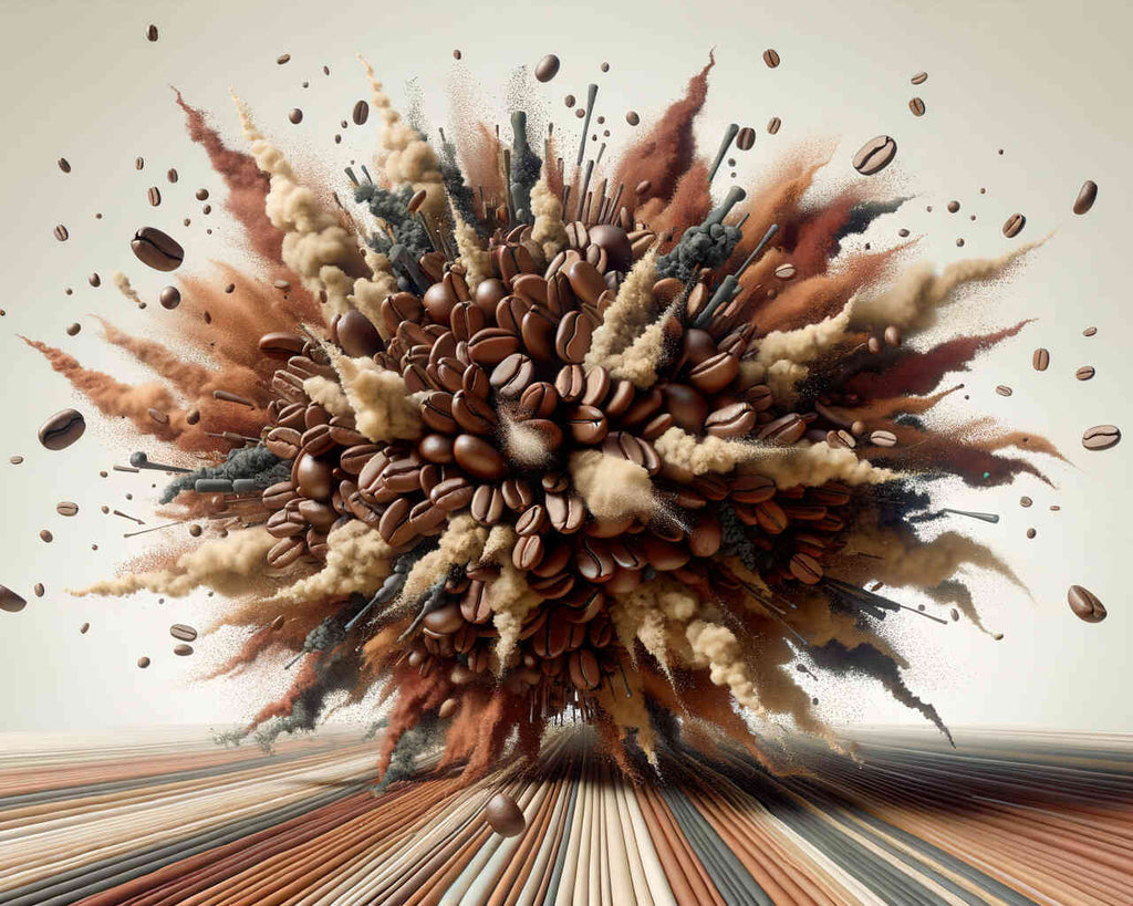 Hyperrealistic artwork "Kaffeekosmos – Erwachen der Sinne" showcasing an explosion of coffee beans and vibrant brown tones.