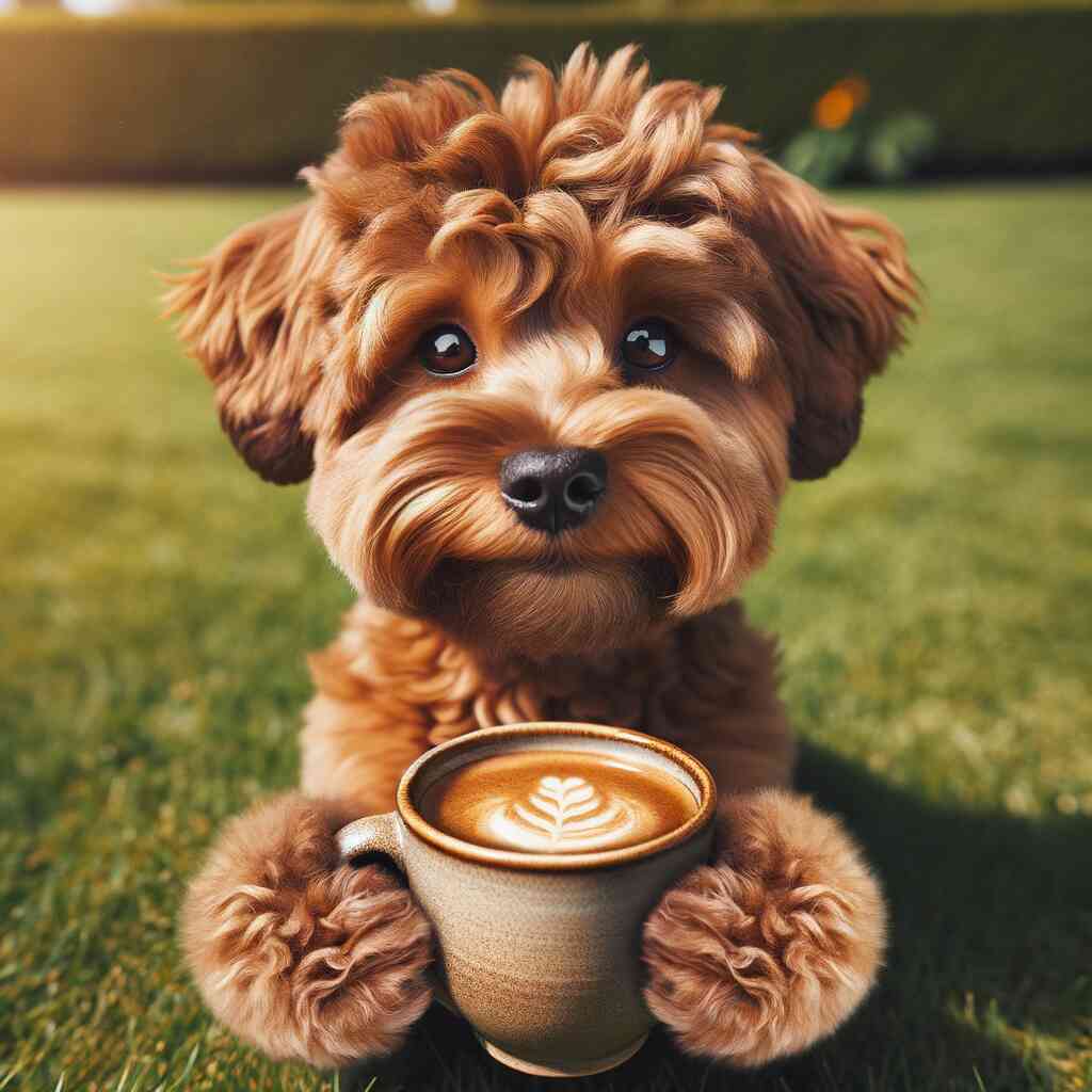 Adorable fluffy puppy holding a latte cup on a sunny morning in the garden.