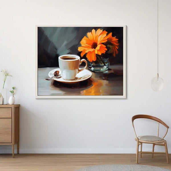 Wandbild "Morgenstille" - Impressionistische Komposition aus dampfender Kaffeetasse und leuchtend orangefarbener Blume auf Tisch.