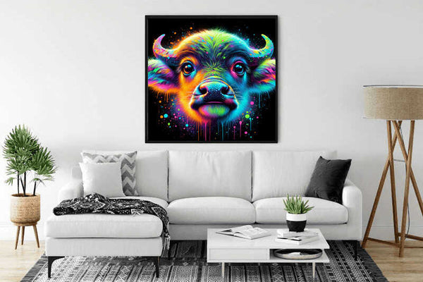 "Cosmic Color Play Buffalo Painting by Numbers displayed in modern living room with white sofa and decor"