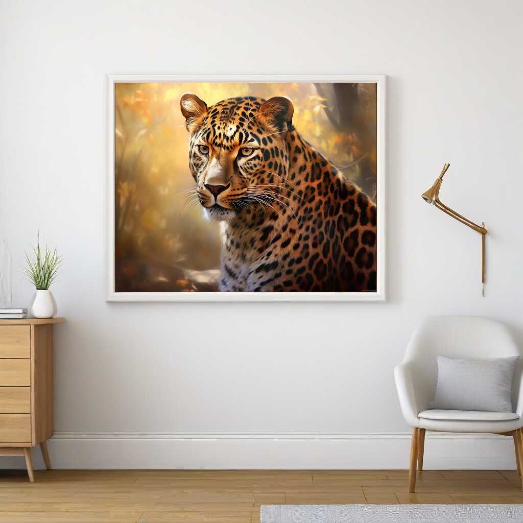 Malen nach Zahlen Herbstmajestät, majestätischer Leopard im goldenen Herbstwald, Ausdruck von Kraft und Eleganz, abstrakte und fotorealistische Kunst.