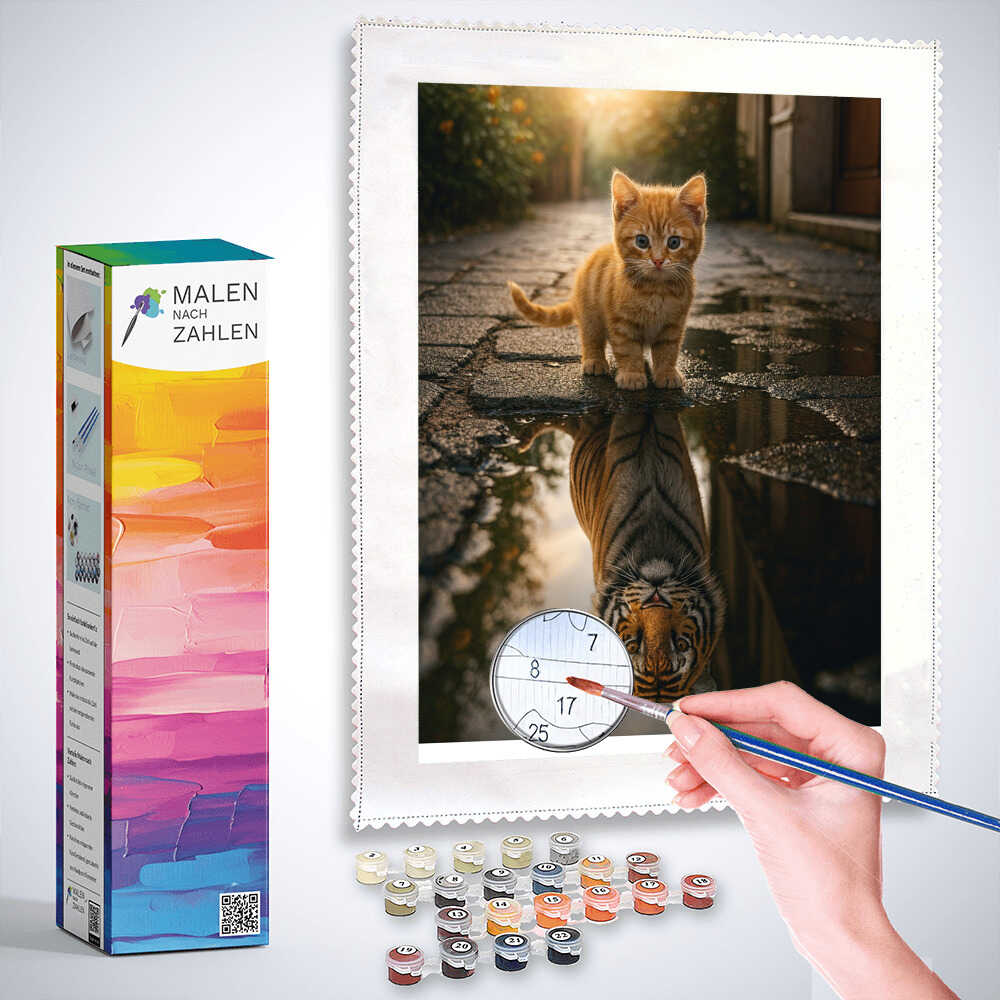 Malen nach Zahlen - Kleine Rotekatze, großer Tiger, Spiegelbild