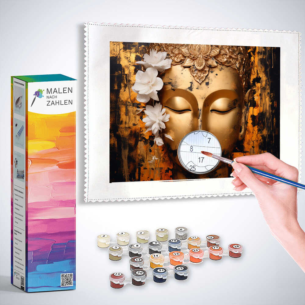 Malen nach Zahlen - Erleuchtung im Farbspiel Set mit Buddha-Motiv auf Schwarz, Gold und Orange Hintergrund, inklusive Farb- und Pinselzubehör