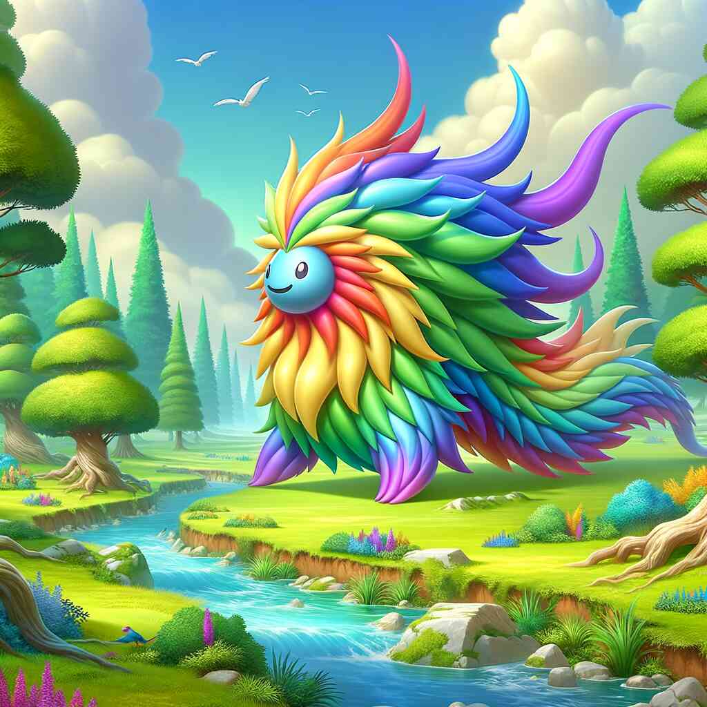 Fantasy creature with vibrant rainbow feathers in a colorful, whimsical landscape with trees, a stream, and a bright sky.