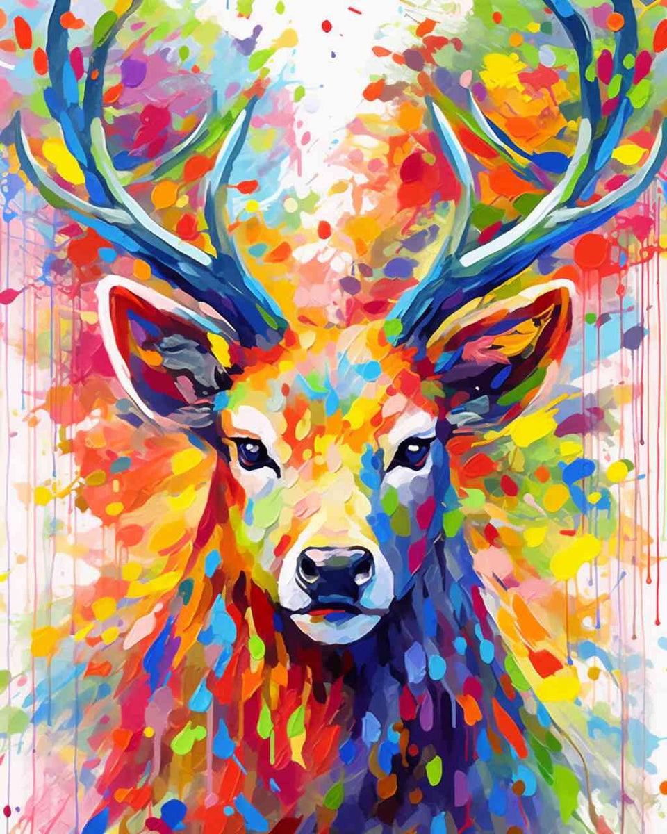 Farbenpracht des Waldes Malen nach Zahlen Kit, leuchtender Hirsch in expressionistischem Stil mit bunten, prismatischen Regenwaldfarben
