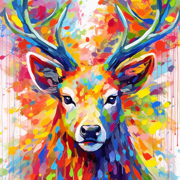 Farbenpracht des Waldes Malen nach Zahlen Kit, leuchtender Hirsch in expressionistischem Stil mit bunten, prismatischen Regenwaldfarben