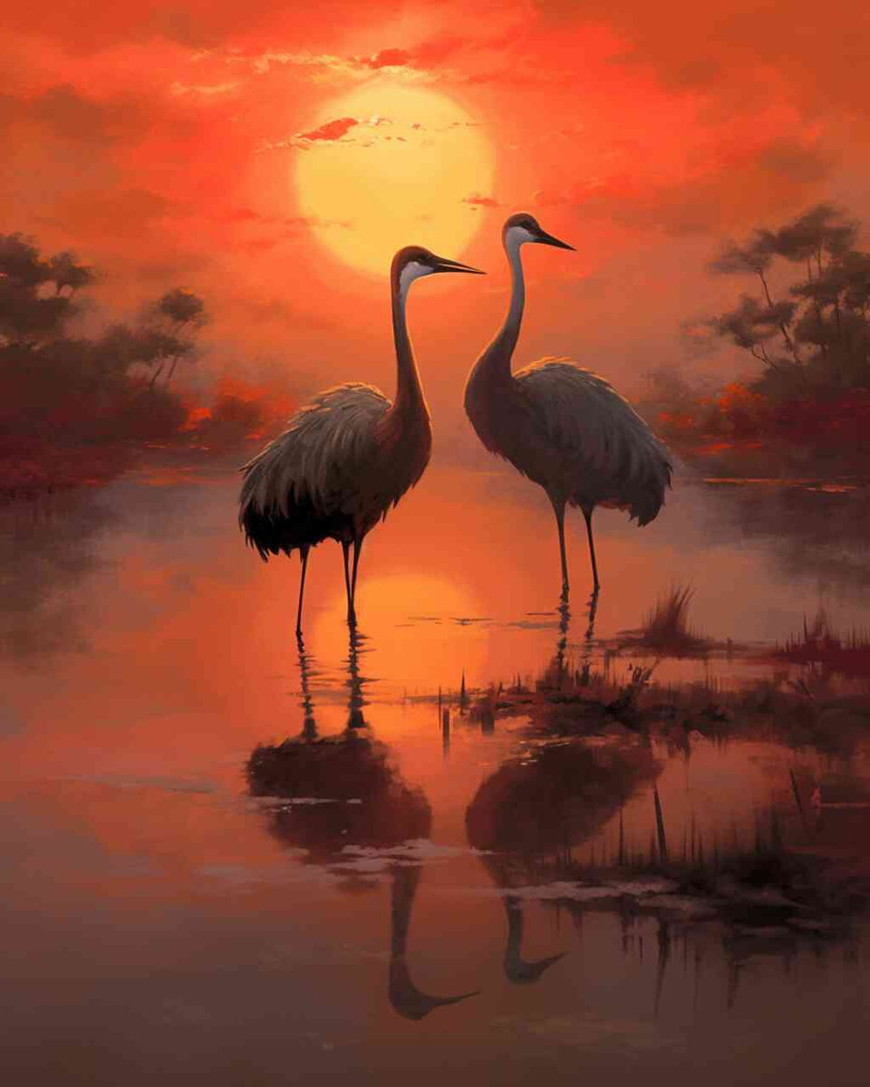Zwei Kraniche im ruhigen Gewässer bei Sonnenuntergang, spiegelnde warmrote Himmel in der "Abendrot Symphonie" Malen nach Zahlen.