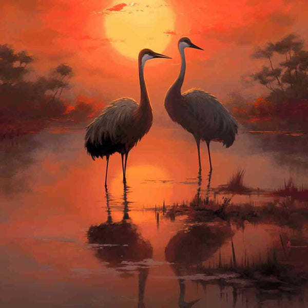 Zwei Kraniche im ruhigen Gewässer bei Sonnenuntergang, spiegelnde warmrote Himmel in der "Abendrot Symphonie" Malen nach Zahlen.