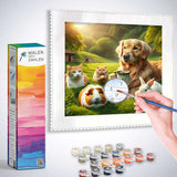 Paint by numbers kit showing animals enjoying a coffee break in a green landscape, including a dog, cats, and rabbits.