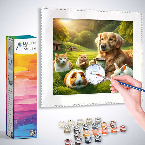 Paint by numbers kit showing animals enjoying a coffee break in a green landscape, including a dog, cats, and rabbits.